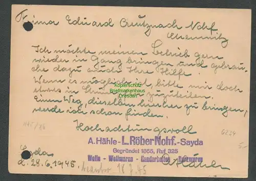 B6234 Postkarte SBZ Gebühr bezahlt 1945 Sayda über Freiberg nach Chemnitz