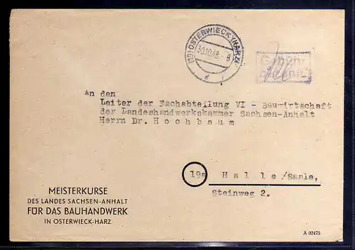 B653 SBZ Brief Karte Gebühr bezahlt 1945 Osterwieck Harz Meisterkurse für das Ba