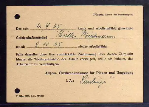 B657 Karte SBZ Gebühr bezahlt 1945 Pausa Vogtland Allgemeine Ortskrankenkasse Pl