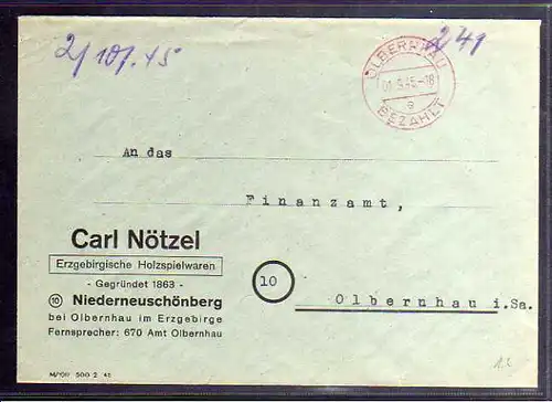 B645 SBZ Brief Gebühr bezahlt 1945 Olbernhau Niederneuschönberg an Finanzamt