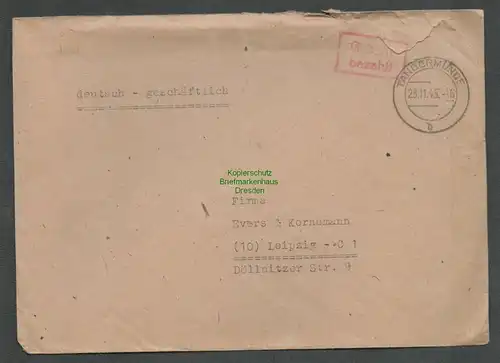 B6244 Brief SBZ Gebühr bezahlt 1945 Tangermünde Friedr. Aly K. G.