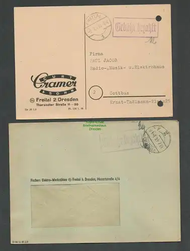 B6266 2x Brief Karte SBZ Gebühr bezahlt 1948  Freital Fischers Elektro Werkstätt