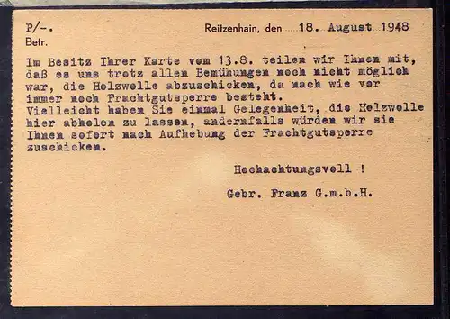 B683 Karte SBZ Gebühr bezahlt 1948 Reitzenhain über Marienberg Sachs. Sägewerk G