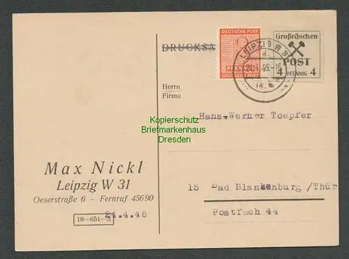 B6792 Lokalausgabe Großräschen Postkarte 32 + SBZ Westsachsen 1946
