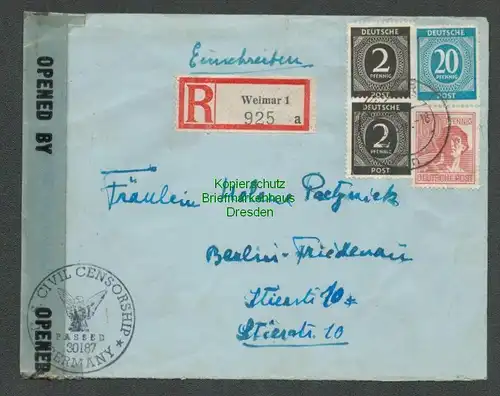 B6762 Brief SBZ Weimar Zensur 30187 nach Berlin Friedenau 1947
