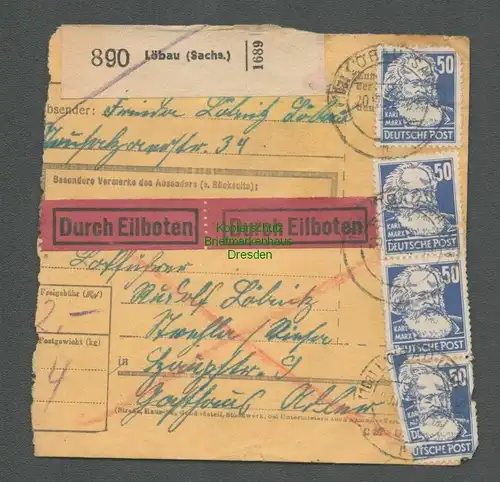 B6575 DDR Paketkarte Löbau MeF 1952 SBZ 2x 224 nach Strehla Elbe Eilboten