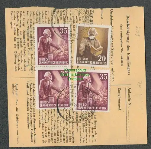 B6309 Paketkarte DDR 1953 4x 350, 348 Weissenborn Eichsfeld nach Essen Kray