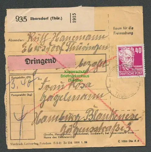 B6303 Paketkarte DDR 1953 Dringend Ebersdorf Thür. 6x 337 50 Pfg. Köpfe II BPP