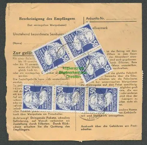 B6303 Paketkarte DDR 1953 Dringend Ebersdorf Thür. 6x 337 50 Pfg. Köpfe II BPP