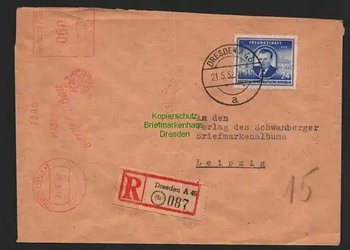B7084 DDR R-Brief Dresden 1952 Gebühr für Einschreiben NASEMA Mühlenbau