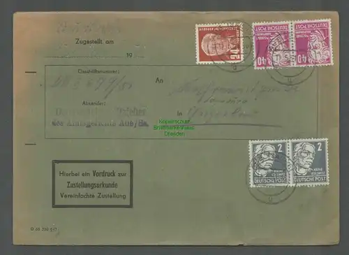 B6544 Brief DDR Aue Sachs. 1951 Zustellungsurkunde Köpfe Pieck