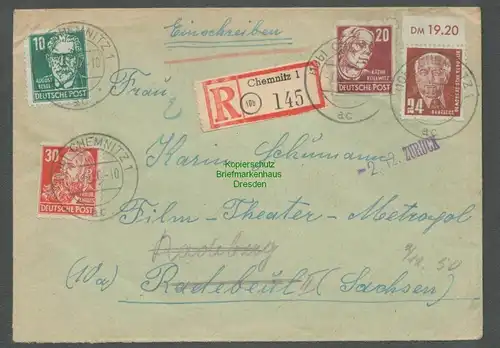 B6545 Brief DDR Chemnitz 1950 Einschreiben unzustellbar zurück Köpfe Pieck