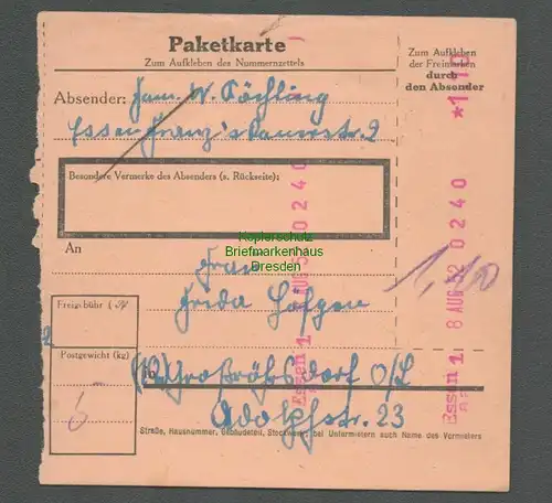 B6569 DDR Paketkarte 1952 markenlos Verrechnungsstempel Essen n Großröhrsdorf