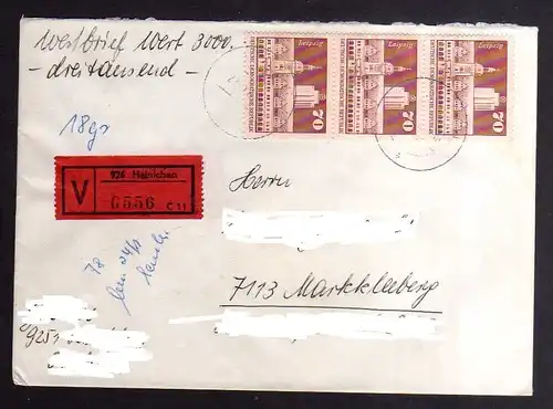 B3569 DDR Briefe Mehrfachfrankatur 1973 3x 1881 MeF Wertbrief 3000.-