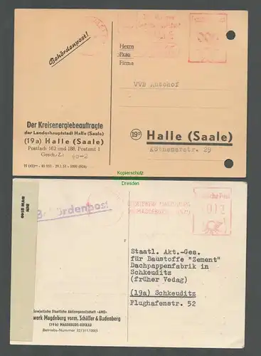 B5167 2x DDR Dienstpost Vorläufer Postkarte Halle Saale 1952 Magdeburg AMO 1950