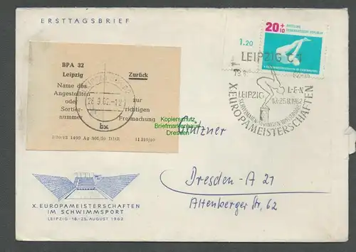 B5008 DDR 909 SST Leipzig Nachporto Beanstandung nach Dresden 1962 Schwimm-EM