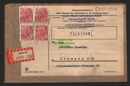 B7097 DDR Einschreiben Päckchenadresse Berlin 43 nach Dresden 1961 582 B MeF