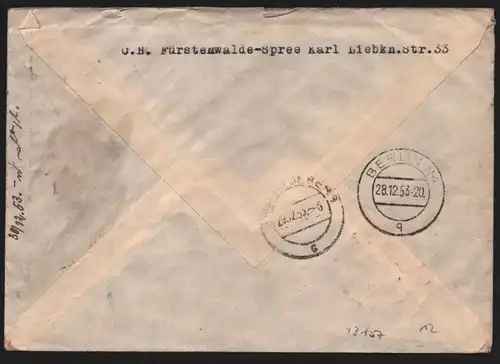 B13157 DDR Brief Erkner 1953 Eilboten über Berlin nach Radeberg