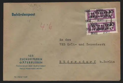 B14008 DDR ZKD Brief 1957 10 8002 Aschersleben VEB Zuckerfabrik Gatersleben an K