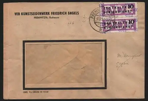 B13926 DDR ZKD Brief 1957 2x10 4012 Rathenow VEB Kunstseidenwerk Friedrich Engel