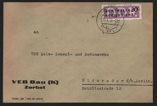 B13999 DDR ZKD Brief 1957 11 7021 Zerbst VEB Bau (K) an Kalkwerk Rüdersdorf