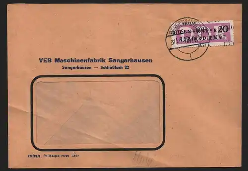 B14043 DDR ZKD Brief 1957 15 8016 Sangerhausen VEB Maschinenfabrik  an nach Bitt