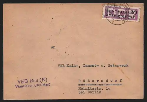 B13994 DDR ZKD Brief 1957 11 7018 Wanzleben VEB Bau (K) an Kalkwerk Rüdersdorf