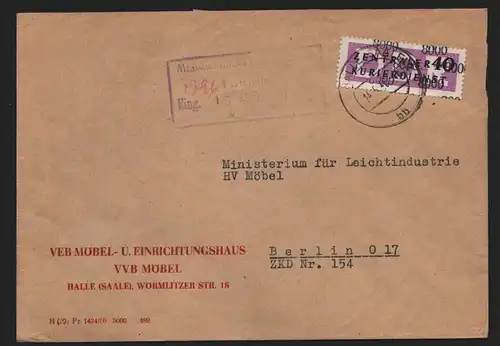 B14001 DDR ZKD Brief 1957 12 8000 Halle/Saale VEB Möbel und Einrichtungshaus an
