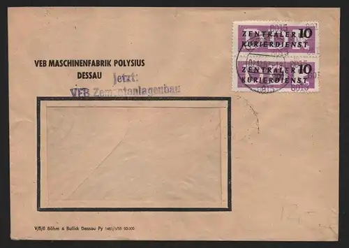 B14036 DDR ZKD Brief 1957 2x10 8015 Dessau  VEB Polysius Dessau jetzt Zementanla