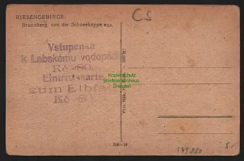 149880 AK Brunnberg Schneekoppe Riesengebirge Stempel Eintrittskarte um 1930