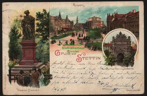 148376 AK Stettin Szczecin 1898 Litho Königsplatz Berliner Tor Denkmal Friedrich