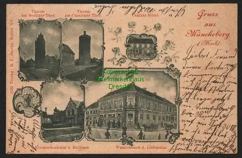 146314 AK Müncheberg Mark 1898 Central Hotel Warenhaus Liebmann Rathaus Turm