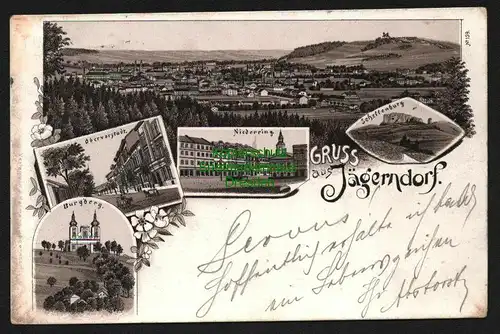 145013 AK Schellenberg Jägerndorf Burgberg Obervorstadt Niederring Litho 1897