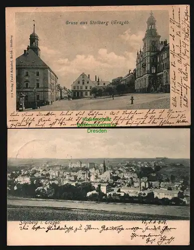 143422 2 AK Stollberg i. Erzgeb. 1903 Panorama Bahnpost Marktplatz 1905