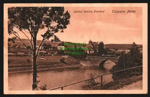 143485 AK Talsperre Malter Gasthof Seeblick Paulsdorf mit Brücke 1930
