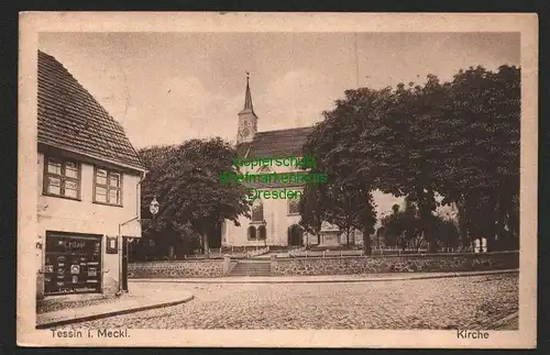 142592 AK Tessin i. Meckl. Kirche Drogerie 1927