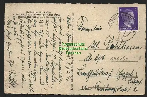 140290 AK Riesengebirge Nieder Schreiberhau 1943 Heilstätte Moltkefels Reichsbah