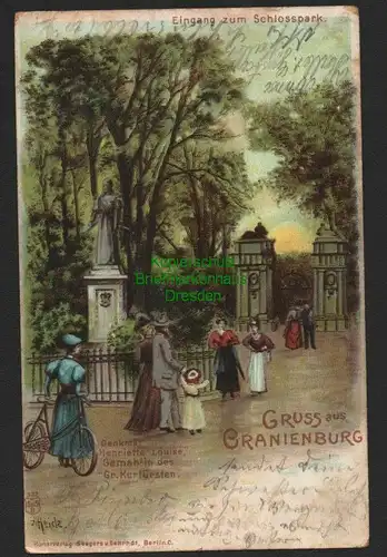 139999 AK Oranienburg um 1900 Litho Künstlerkarte Eingang z. Schlosspark Denkmal