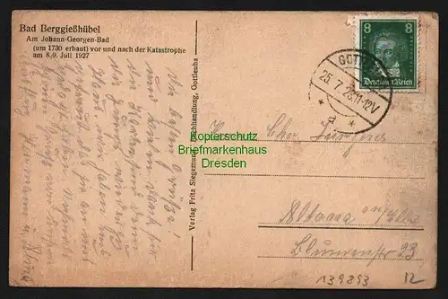 139893 AK Berggießhübel Am Johann Georgen Bad 1928 vor / nach Hochwasser 1927