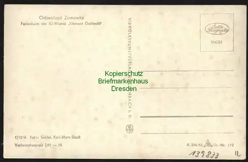 139833 AK Zinnowitz Ferienheim IG Wismut Klement Gottwald 1956