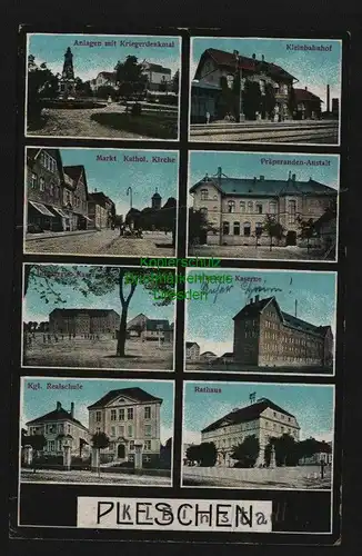 136069 AK Pleszew Pleschen 1918 Kleinbahnhof Markt Kirche Kaserne Schule Rathaus