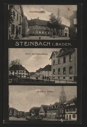 134800 AK Steinbach in Baden-Baden 1918 Schulhausplatz Post Kirche