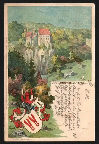 134719 AK Litho Schloss Wiesentfels Wappen 1899