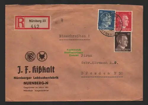 B9635 R-Brief Gebr. Hörmann A.-G. Nürnberg 23 Kißkalt 1942 Lebkuchenfabrik