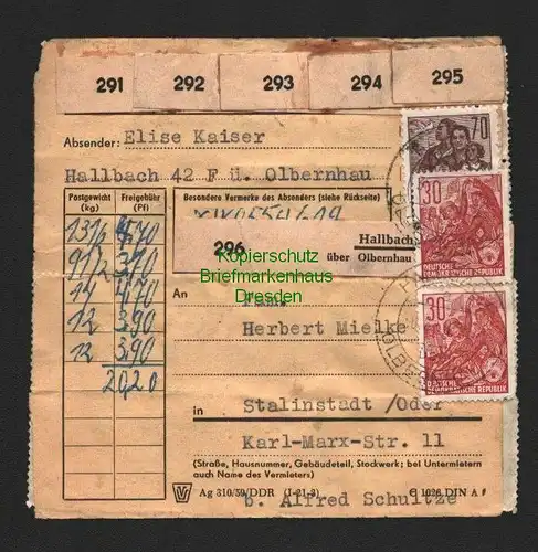 B7098 DDR Paketkarte 1960 Massenfrankatur für 6 Pakete an Mielke in Stalinstadt
