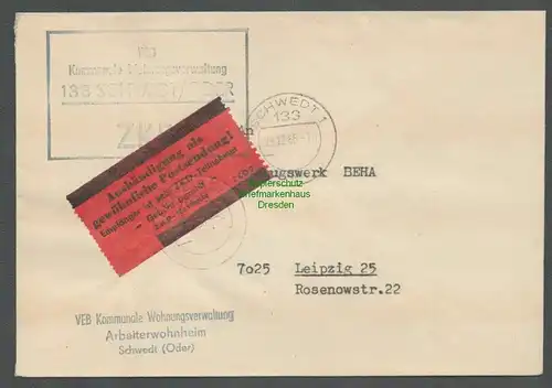 B5261 DDR ZKD Brief 1966 kommunale Wohnungsverwaltung Schwedt n. Leipzig