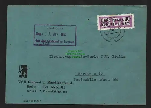 B4809 DDR ZKD B 6 Brief VEB Gießerei u. Maschinenfabrik Rat Stadtbezirks Treptow