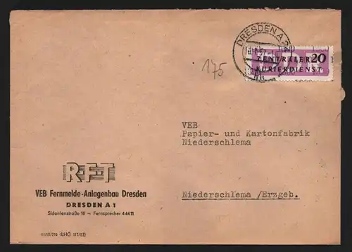 B13246 DDR Dienst ZKD 15 1300 Brief 1957 RFT Dresden VEB Fernmelde Anlagenbau