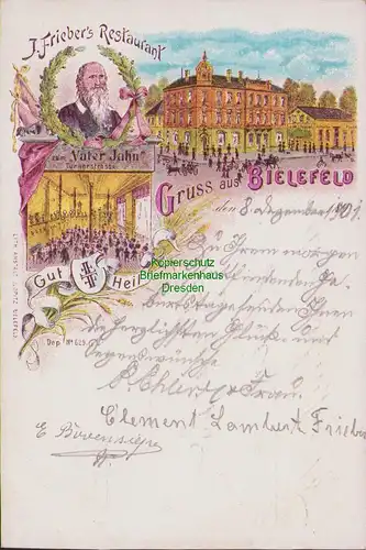 155556 AK Bielefeld 1901 Litho J. Friebers Restaurant zum Vater Jahn Turnerstr.