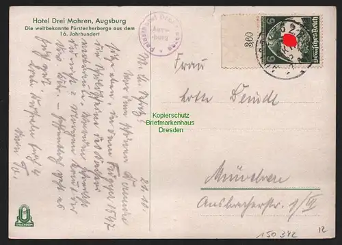 150342 AK Augsburg 1935 Hotel Drei Mohren historischer Kamin in der Halle